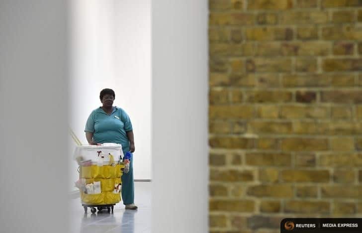 A sculpture entitled 'Queenie II' by the late U.S. artist Duane Hanson is exhibited at the Serpentine Sackler Gallery in London, June 1, 2015. Hanson's lifelike sculptures portraying working-class Americans and overlooked members of society are being brought together in the largest show of his work in Britain since 1997. REUTERS/Toby Melville